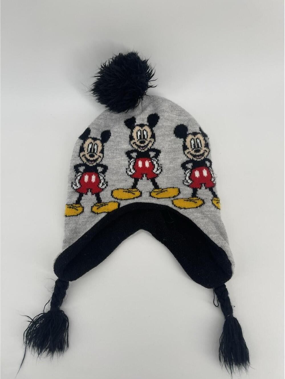 Disney Mickey Mouse Gray Black Pom Beanie Hat One Size Character Theme